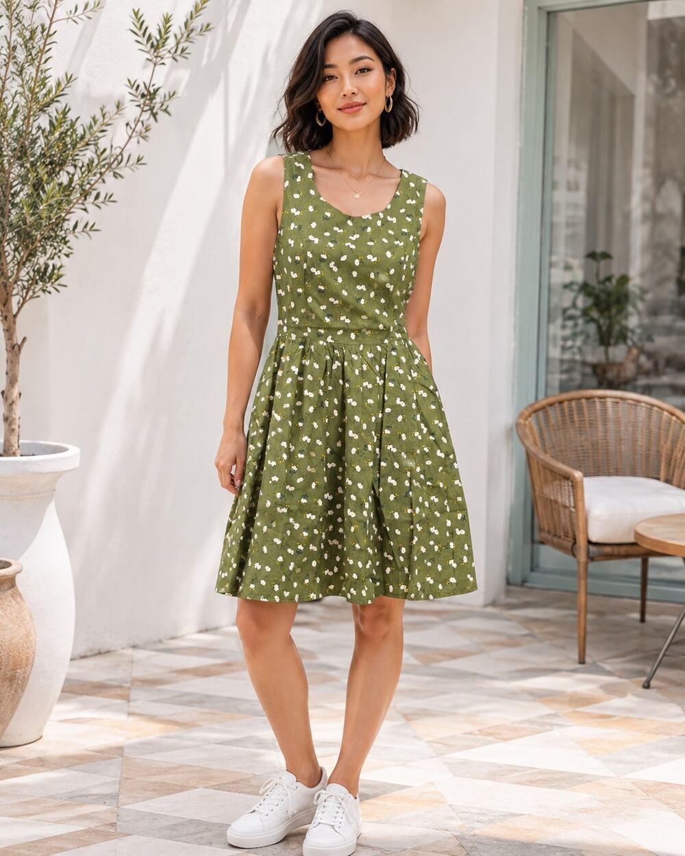 Tulip B Small Olive Green Floral Cotton Fit Flare Midi Dress NWT
